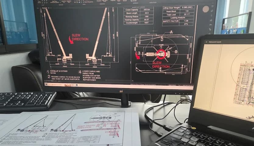 CAD drawing of an engineering lift plan on a computer screen
