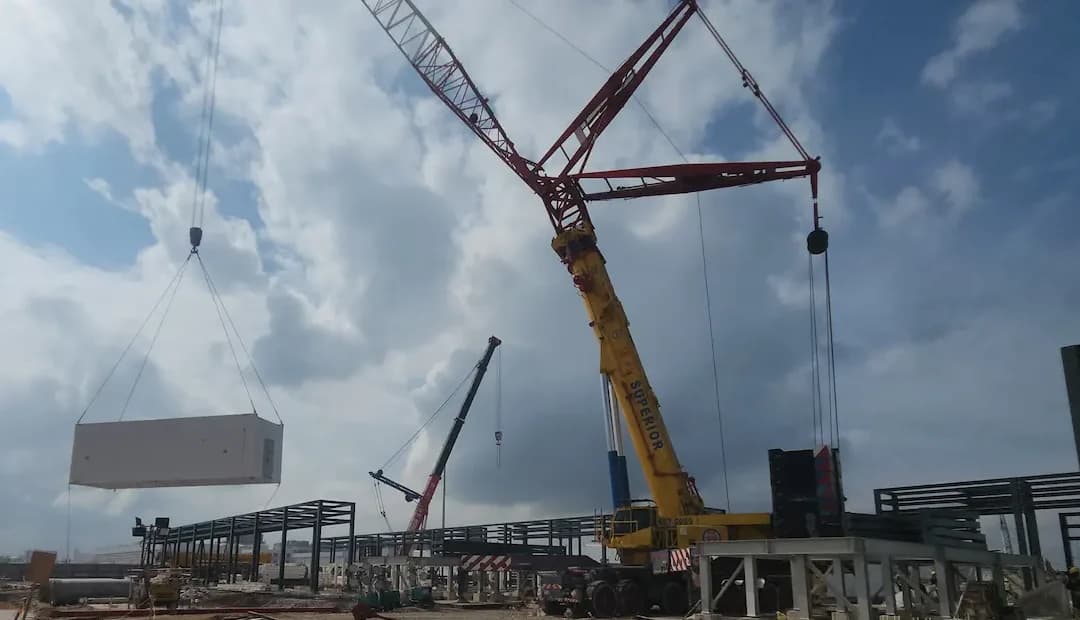 Two 700-ton mobile cranes performing a tandem lift at the K2 Data Center in Johor.